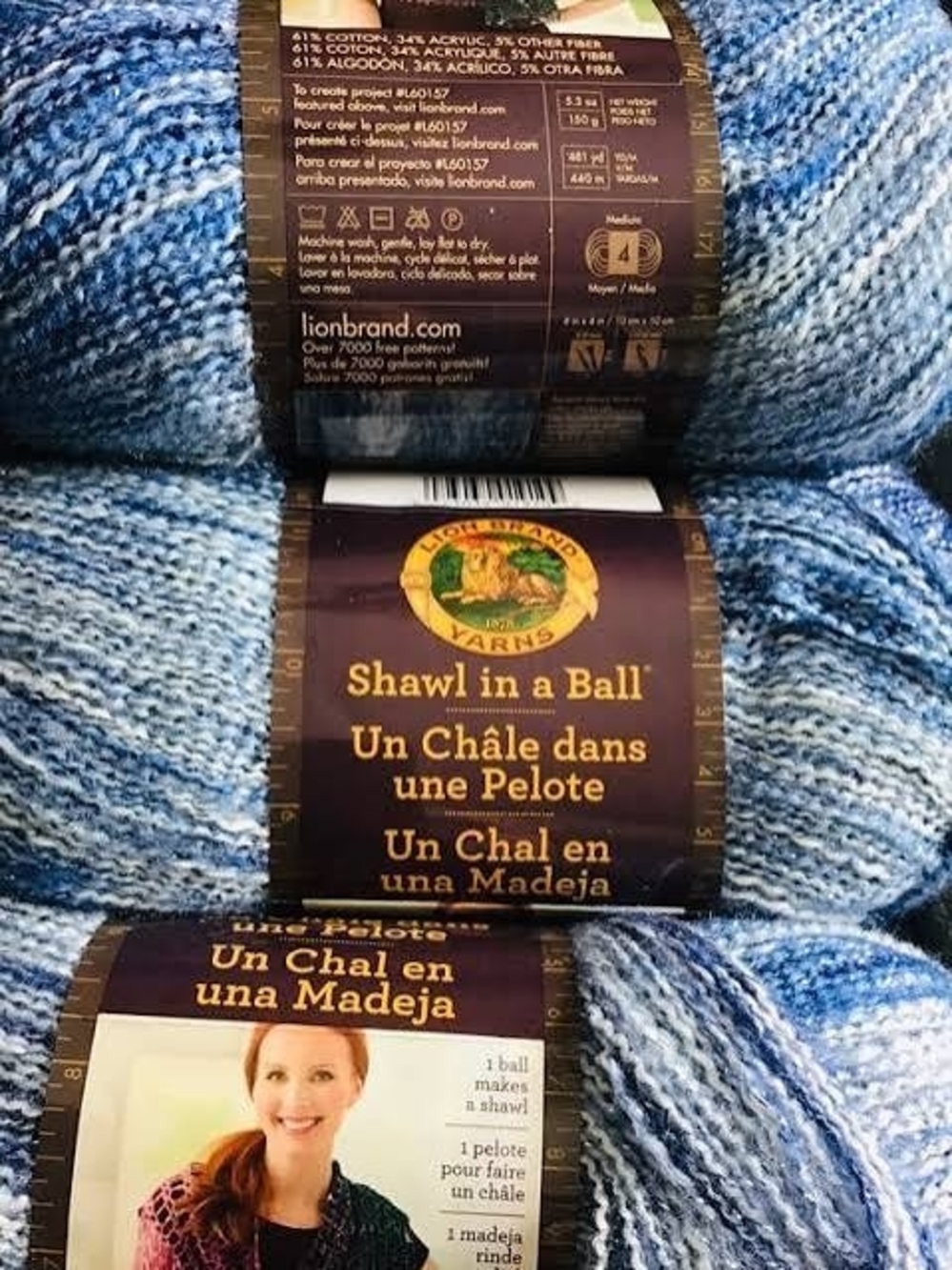 Lion Brand Shawl in a Ball Wind Chimes Yarn 3 Skeins Blue Metallic 1443 Yards